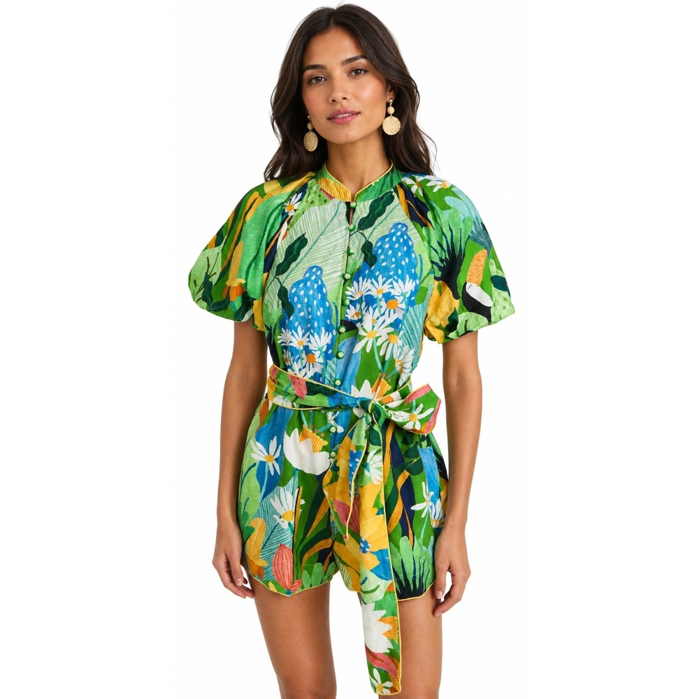 Farm Rio Romper Womens XS Green Vintage Toucans Tropical Linen Blend Belted NWT